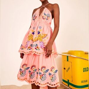 FARM Rio Pink Floral & Birds Embroidered Richilieur Crossed Front Midi Dress XS